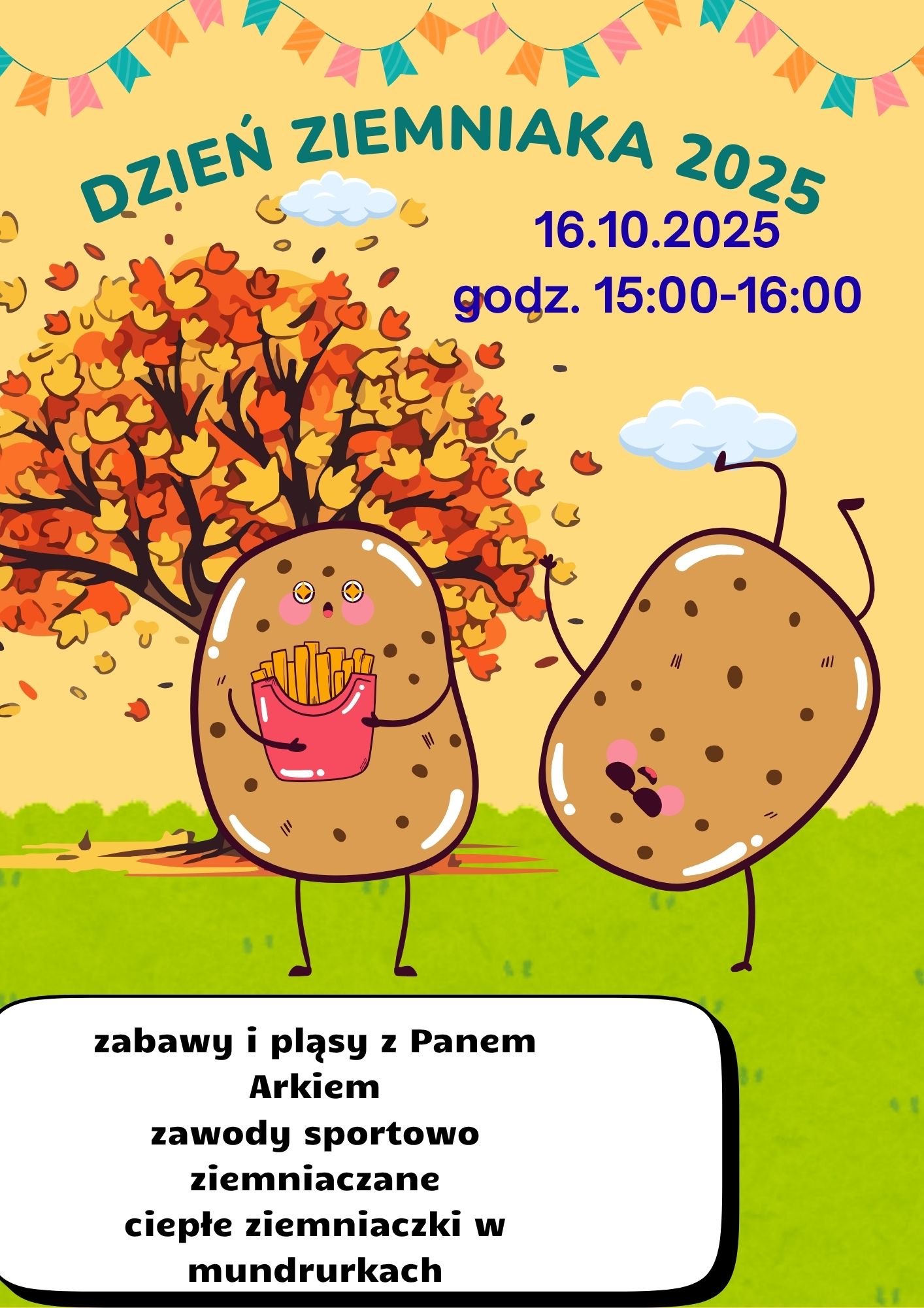 plakat informujący o dniu ziemniaka na plakacie dwa ziemniaki na cienkich nóżkach